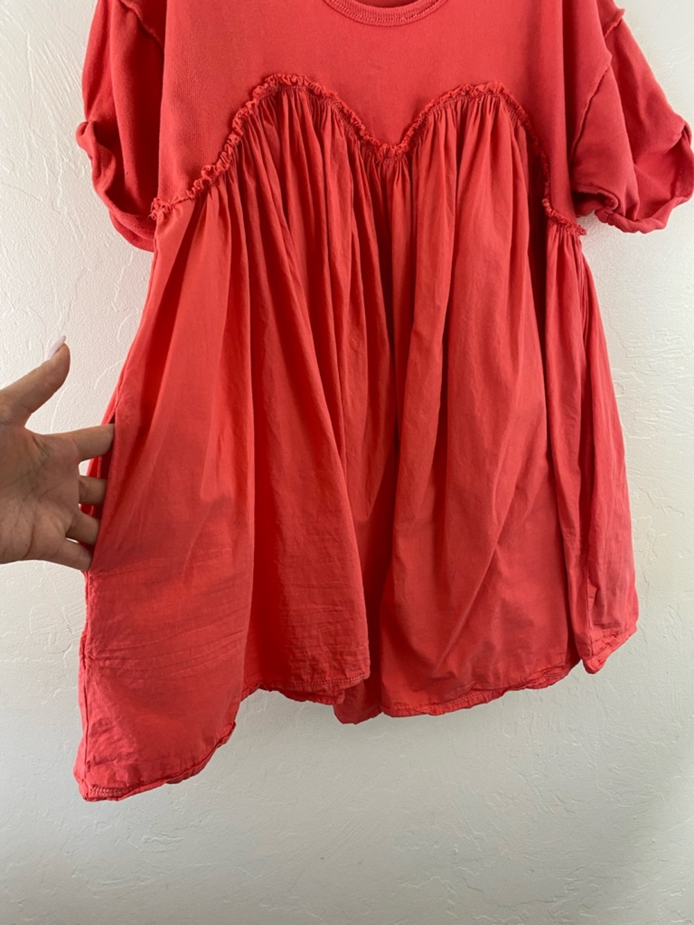 Free People Size Small Coral Orange Cotton Knit Short Sleeve Pleaded Mini Dress - Picture 4 of 5
